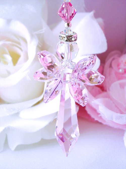 Crystal Angel Suncatcher, Swarovski Crystal Pink Guardian Angel, Nursery Decor, Angel Memorial Gift
