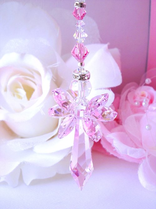 Crystal Angel Suncatcher, Rear View Mirror Car Charm, Pink Car Accessories, Angel Memorial Gift