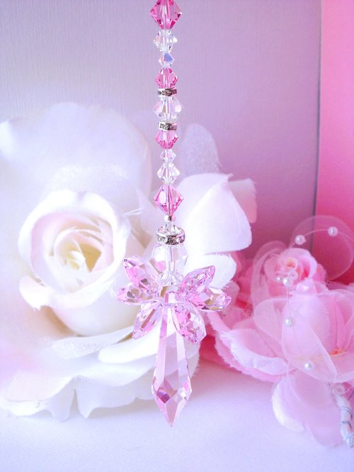Crystal Angel Suncatcher, Rear View Mirror Car Charm, Pink Car Accessories, Angel Memorial Gift