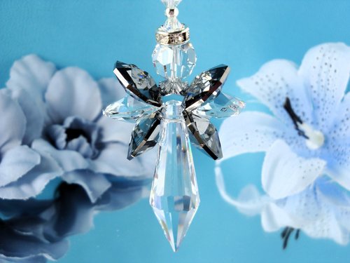 Angel Rear View Mirror Charm, Black and Silver Crystal Car Charm, Guardian Angel for Car, Rearview Mirror