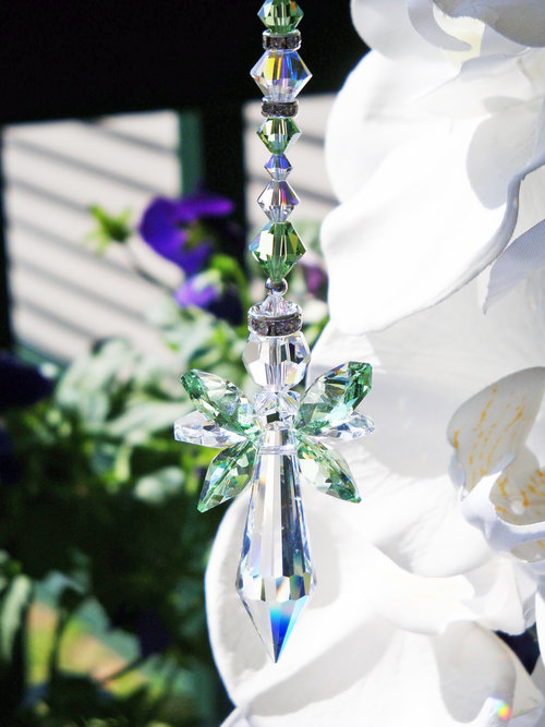 Guardian Angel Car Charm, Green Crystal Rear View Mirror Charm, Angel Memorial Gift