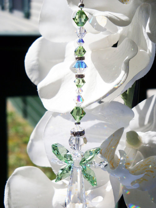 Guardian Angel Car Charm, Green Crystal Rear View Mirror Charm, Angel Memorial Gift