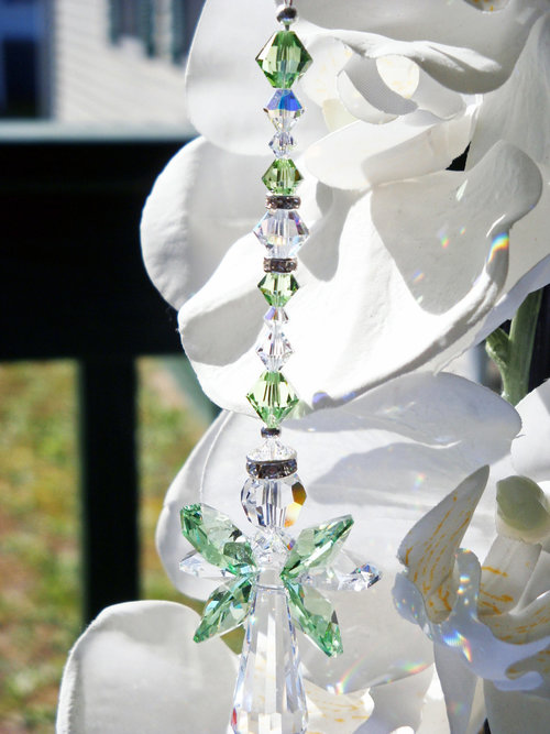 Guardian Angel Car Charm, Green Crystal Rear View Mirror Charm, Angel Memorial Gift