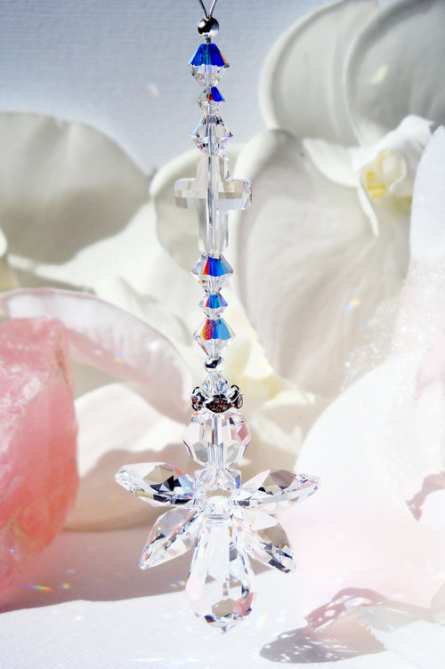 Crystal Angel with Cross Rear View Mirror Charm, Swarovski Crystals, Guardian Angel Car Charm, Angel Sympathy Gift