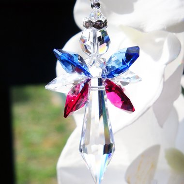 Red White and Blue Angel Car Charm – Patriotic Crystal Rearview Mirror Accessory, Memorial & Sympathy Gift