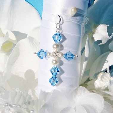 Swarovski Crystal Aquamarine Cross – Something Blue Charm for Bride’s Wedding Bouquet